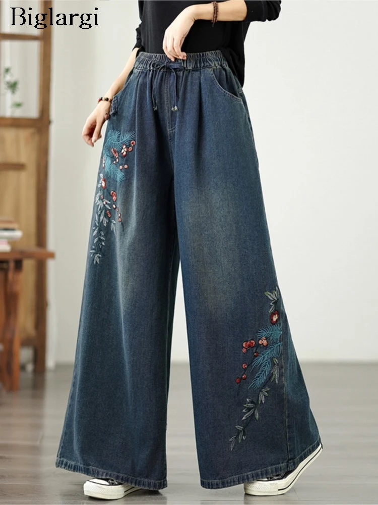 

Джинсы большого размера в стиле ретро, осенние широкие брюки, женские модные женские брюки с цветочной вышивкой, эластичные женские брюки с высокой талией