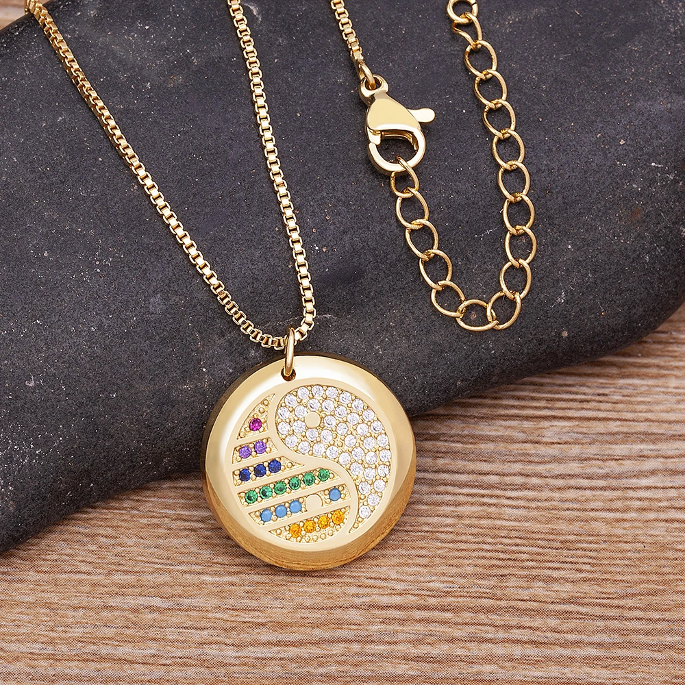Nidin Classic Fashion Yin and Yang Gossip Taiji Gold Plated Zircon Pendant Necklaces for Women/Men Statement Jewelry Gifts