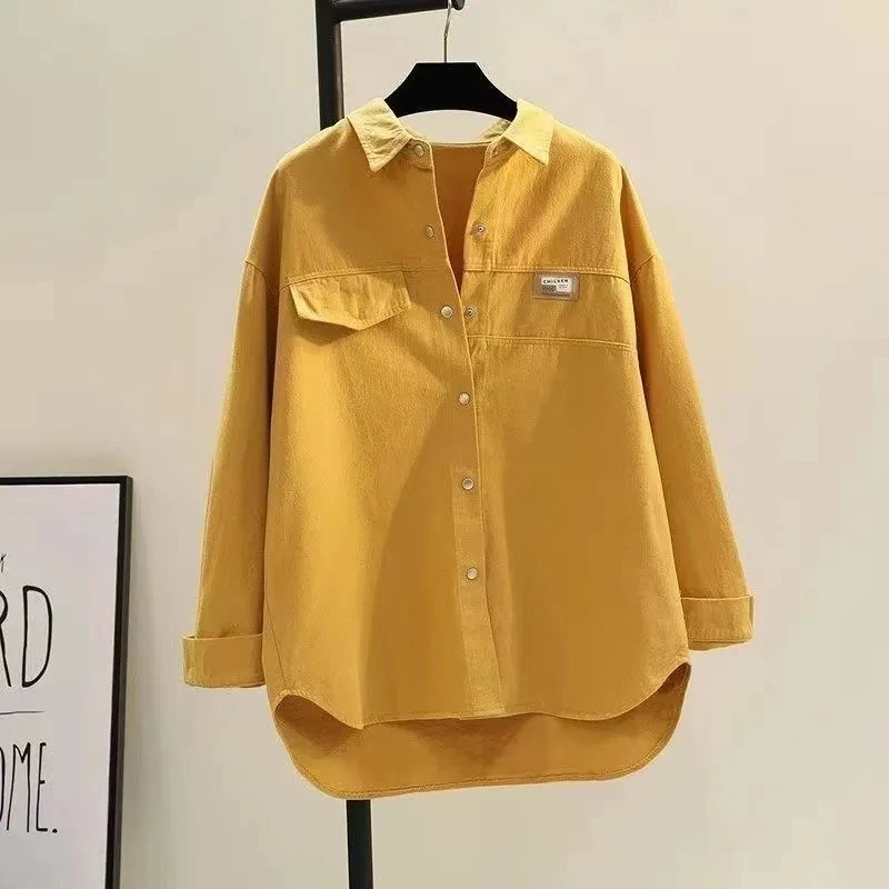Beige solide décontracté col Polo coton simple boutonnage à manches longues femmes Blouse chemise décontracté femme vêtements hauts mode 2025