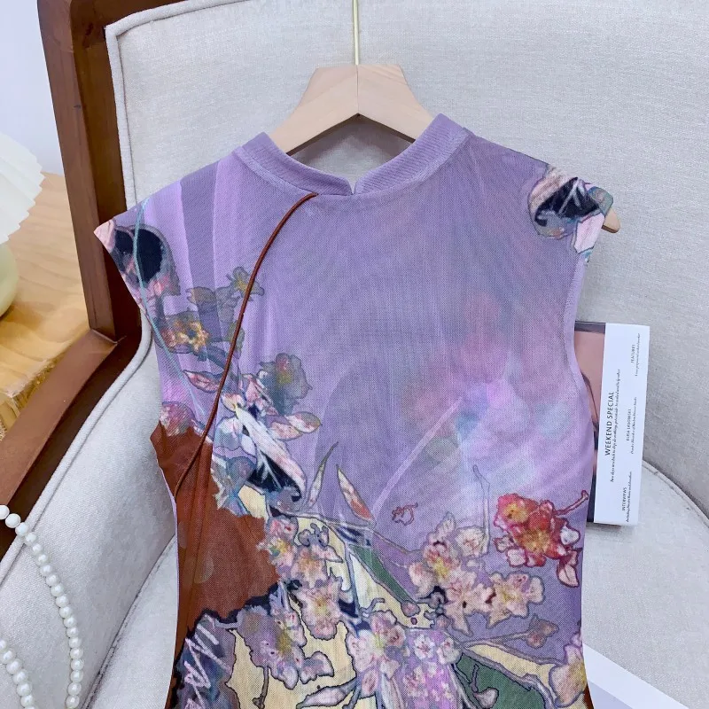 Novo vestido Qipao reversível estilo chinês: cauda de sereia, vestido colete estampado.