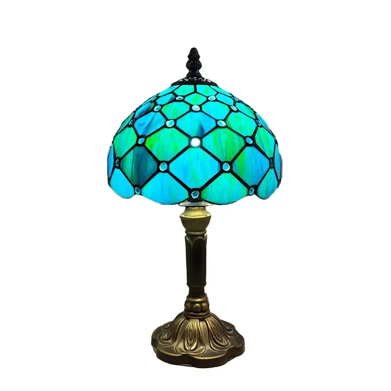 Vintage Medieval Dome Table Lamp 8 Inch Blue Mosaic Stained Glass Shade Reading Light for Living Room Bedroom Desk Decor