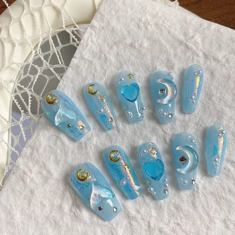 

10 шт., ручной работы, сладкий пресс на ногтях, носимые, градиентные, синие, средние, балетные, накладные ногти, лунный дизайн, полное покрытие, типсы, искусство