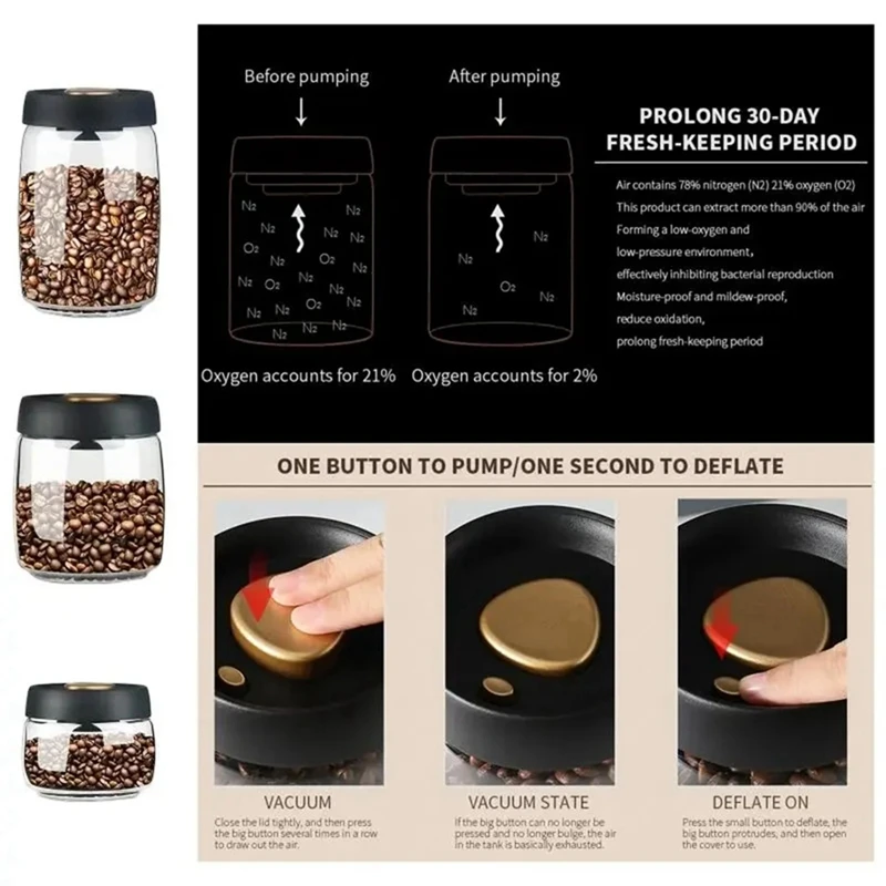 Vacuum Sealed Jug Coffee Beans Glass Airtight Canister Food Grains Candy Keep Fresh Storage Jar