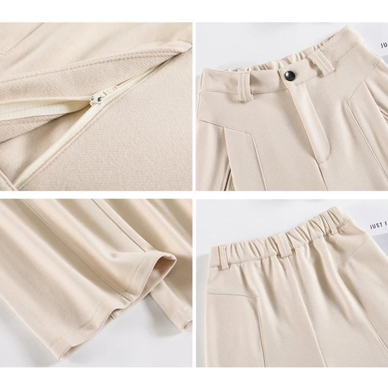 Autumn Winter New Wool Blend Warm Pants for Women Elastic Waist Wide Leg Straight Trousers Korean Fashion Pocket Straight Pants