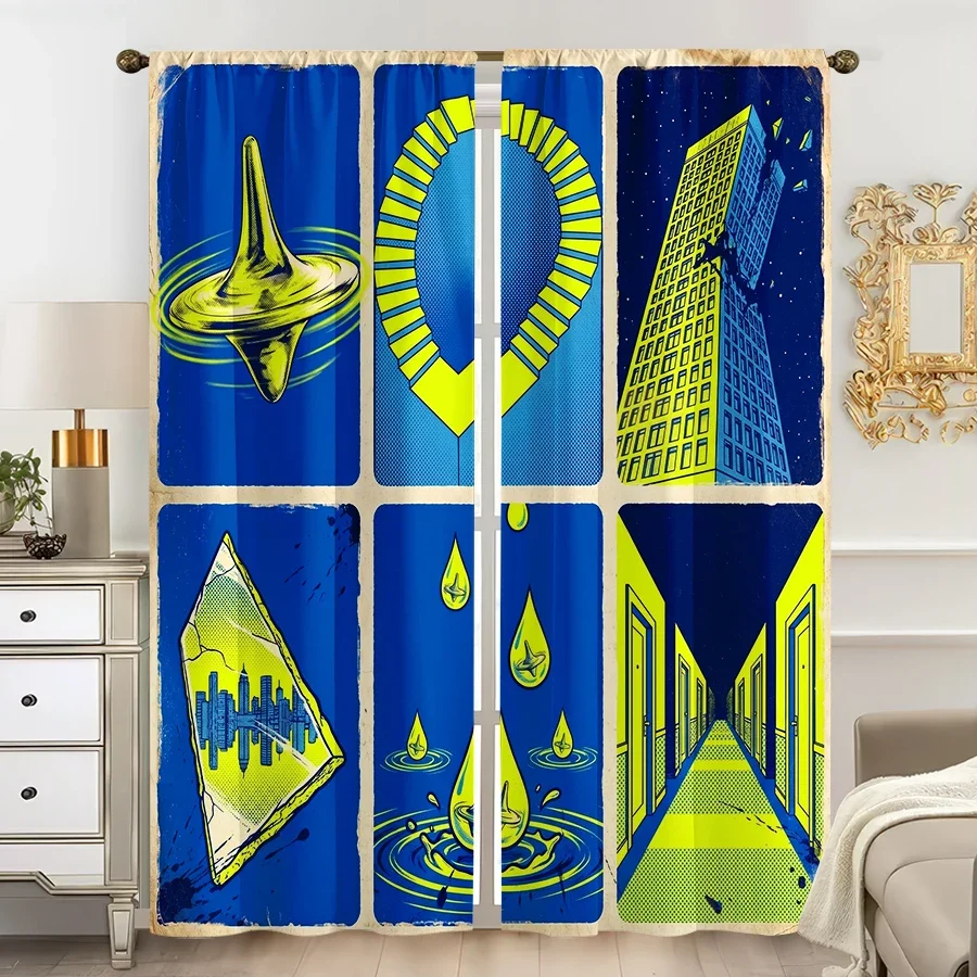 Retro Sci Fi Geometric Pop Art Curtain Pair 2pcs Deep Blue Neon Yellow Space Age Groovy Window Drapery Panel