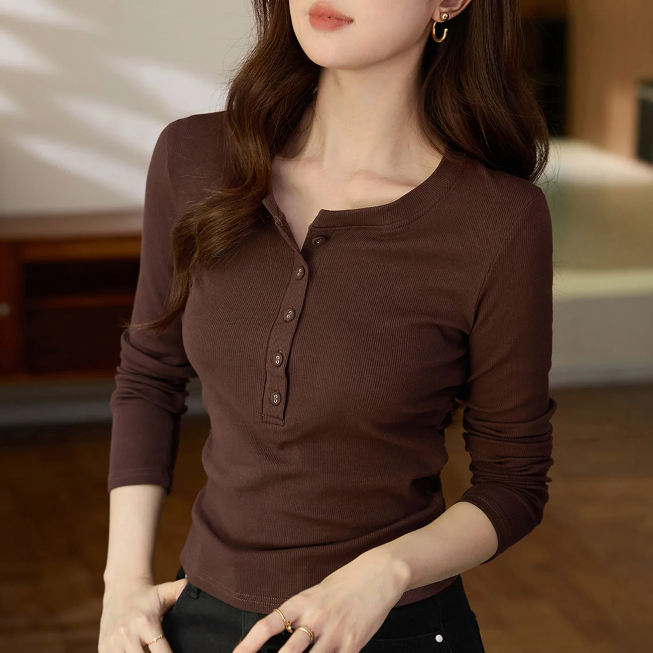 

Waist-closed Pleated Maillard Chic Bag Button Long-sleeved T-shirt for Women's Temperament Pure Cotton Base Shirt