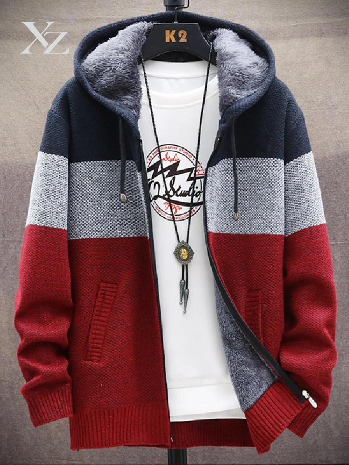 Color Block Knitted Jacket for Men Casual Hooded Open Cardigan Sweatshirt Loose Youth Winter Outerwear Polyester Long Sleeve