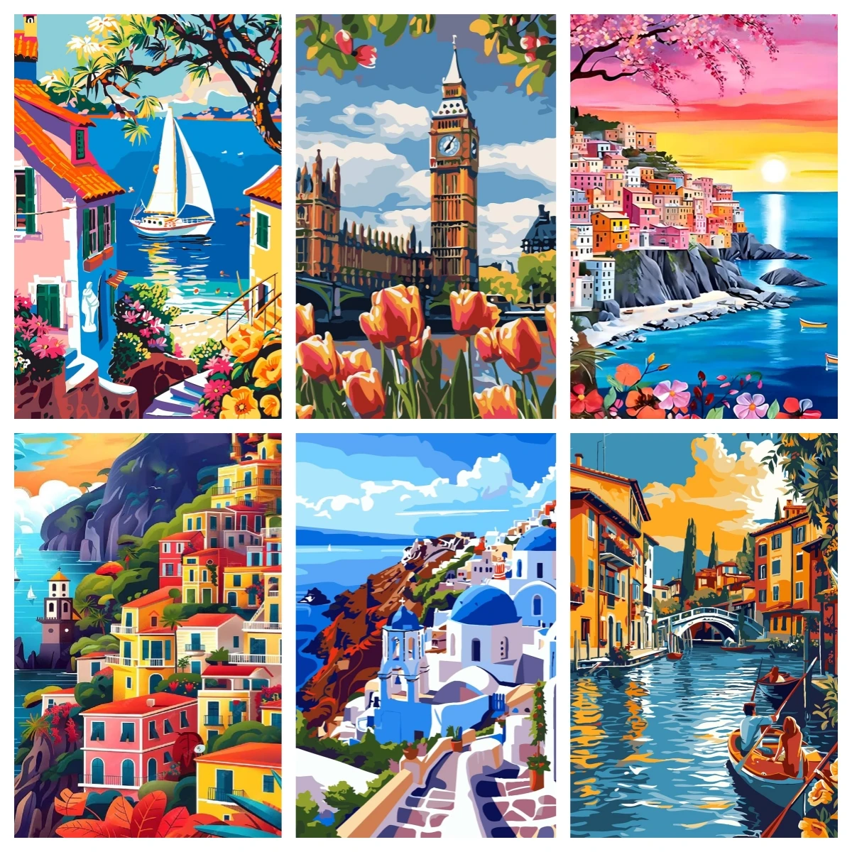 Coastal Village Cityscape 5D Diy Diamond Painting , Mosaic Embroidery Cross Stitch Set , Santorini Amalfi Coast Manarola Parga