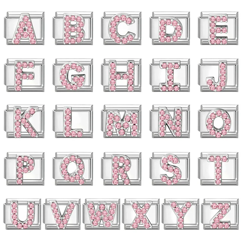 1pc Micro Inlaid Pink Zirconia Full Zircon 26 English Letters Italian Charm Links Fit 9mm Stainless Steel Bracelet DIY Jewelrys