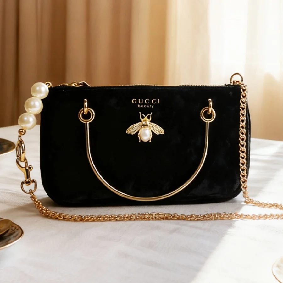 Gucci’s Bag Women Black Velvet Insect Element Chain Crossbody Cosmetic Bag Fashion Daily Shoulder Storage Bag For Casual