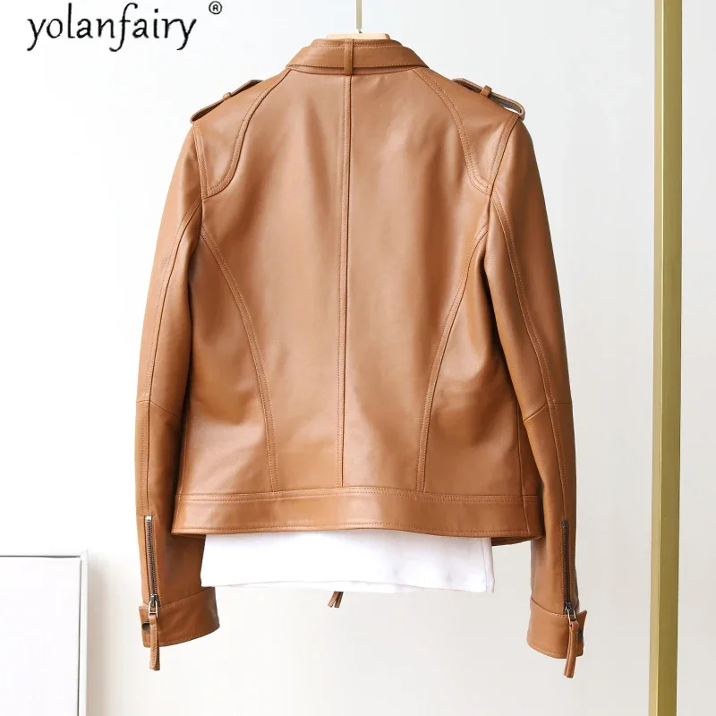 YOLANFAIRY-Chaqueta de piel auténtica para Mujer, abrigo de piel de oveja auténtica para motocicleta, primavera y otoño, 100%, 2020