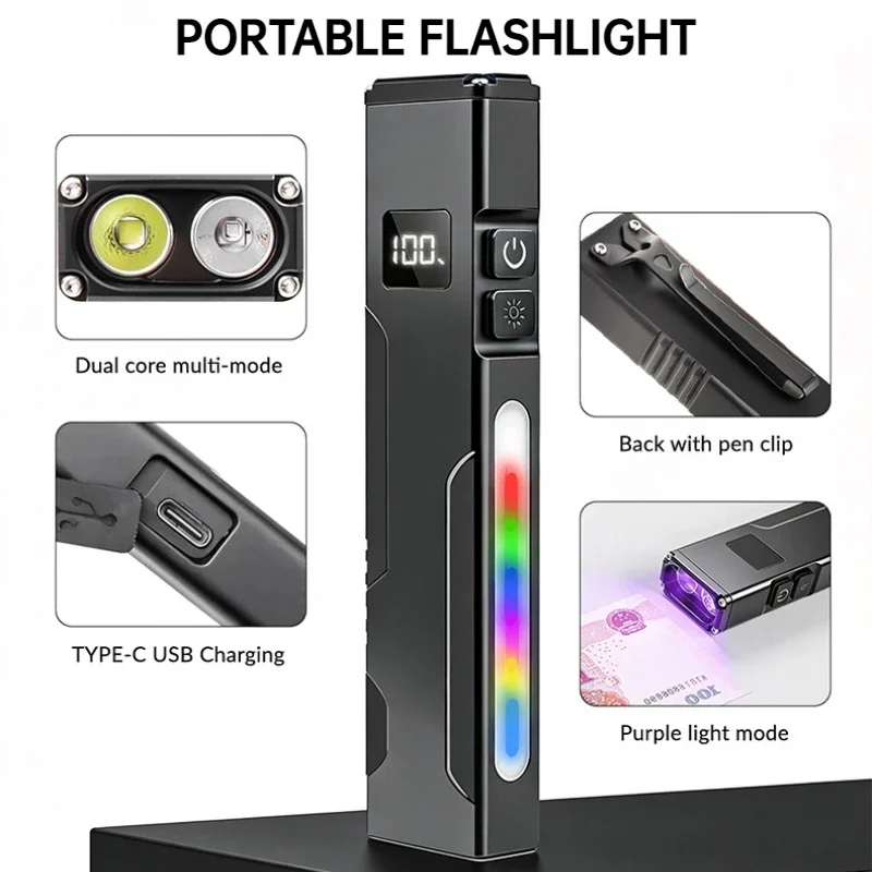 EDC Flashlight Magnetic UV Black Light RGB Side Light Pen Clip Waterproof for Outdoor Inspection Money Detecting Daily Carry