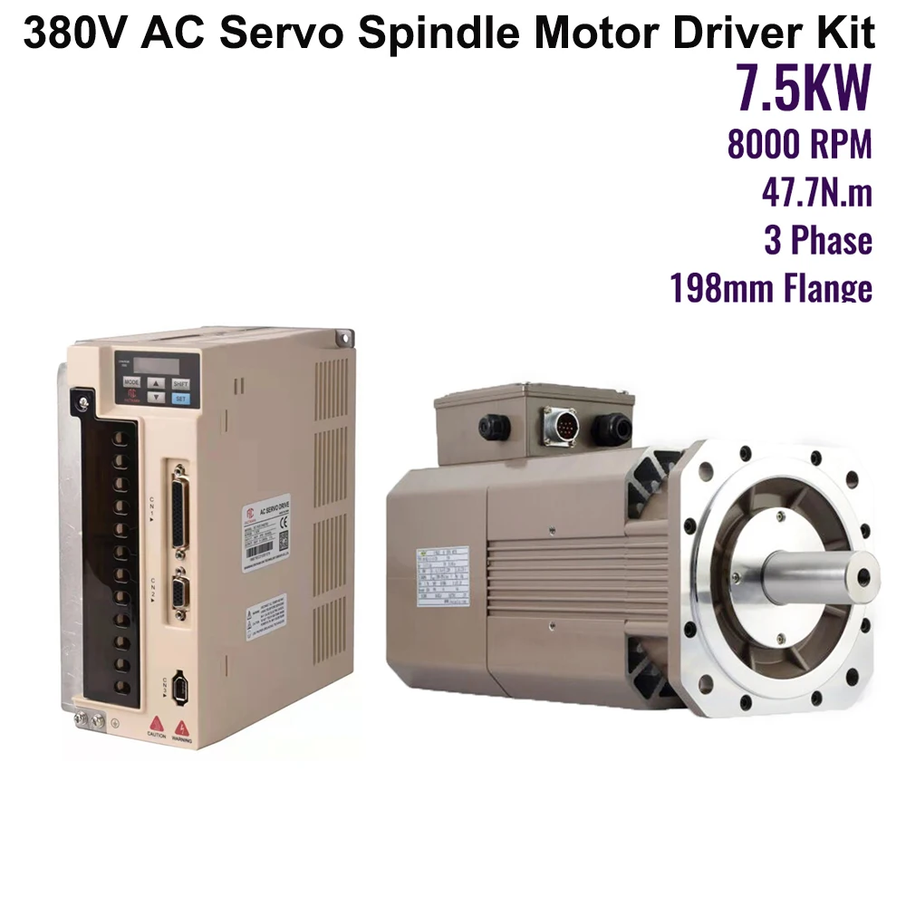 7.5KW High Speed 8000rpm AC Servo Spindle Motor Driver Kit 380V 10HP 47.7Nm 6800Oz-in 198mm 3PH Constant Power CNC Lathe Milling