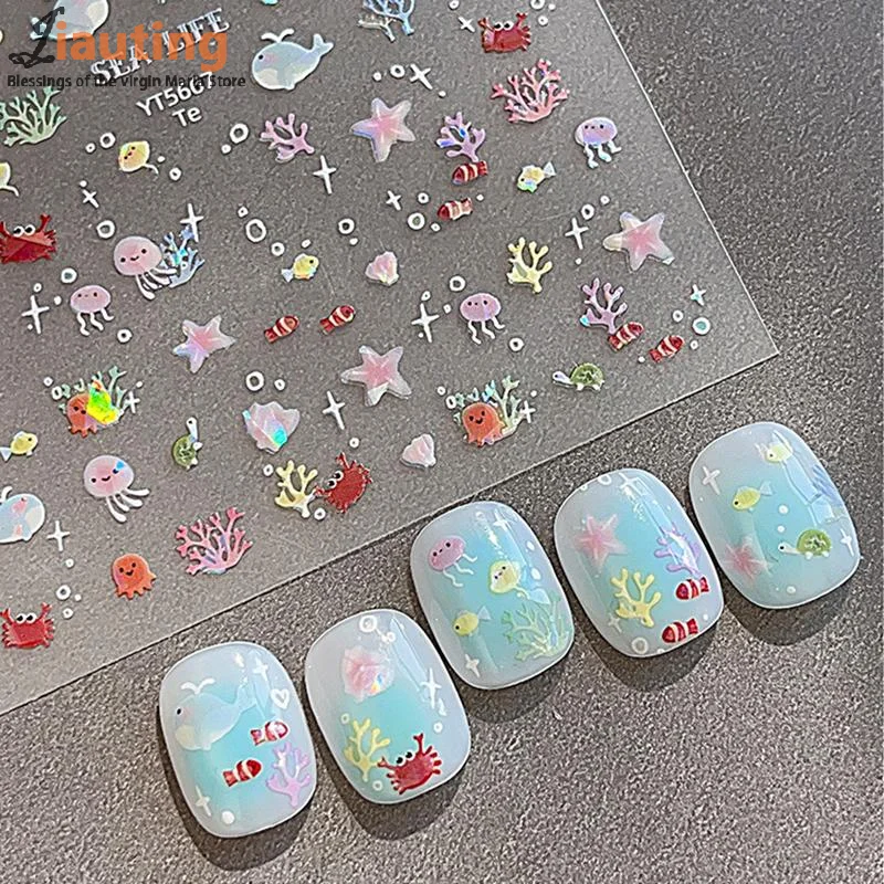 5D fantasía playa verano ensueño colorido estrella de mar Shell medusas Coral gelatina calcomanías decoración Nail Art pegatina salón de manicura