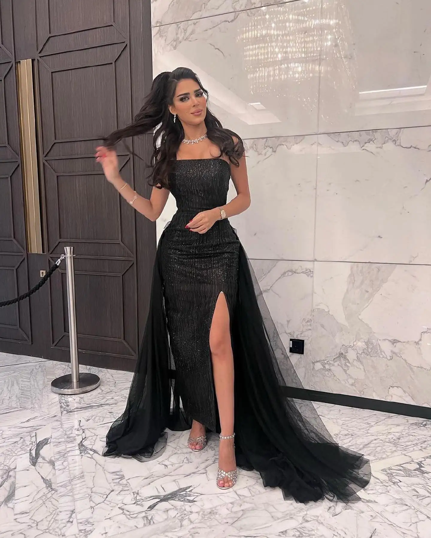 Customized Satin Straight One Shoulder Evening Dress Strapless Floor Length Side Slit Panel Train Black Fashion Party Gowns