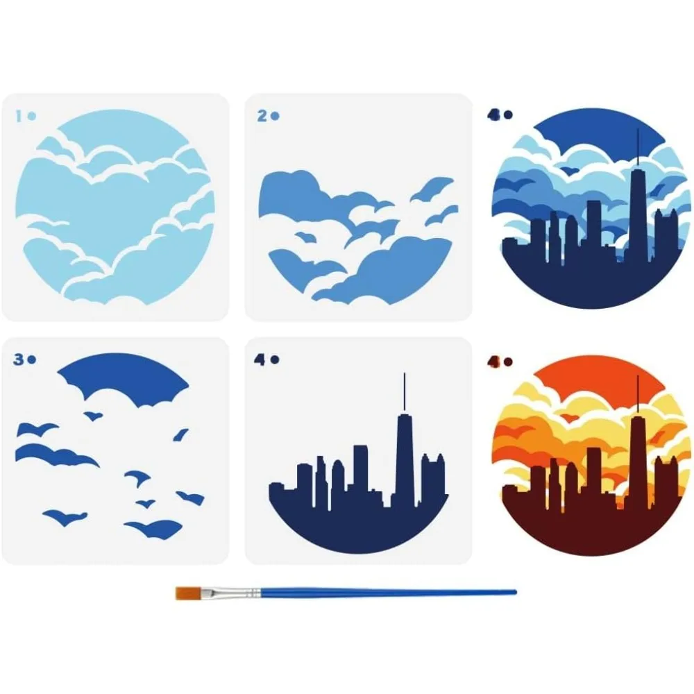 Plantilla de nubes en capas, 4 unidades, con un pincel, 5,9x5,9 pulgadas, plantilla de pintura con silueta arquitectónica de ciudad, patrón de nubes