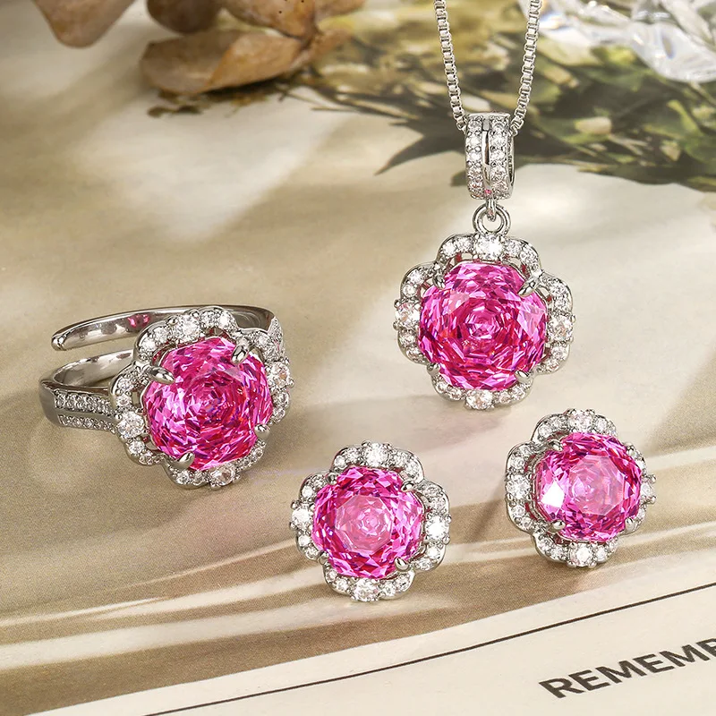 Adjustable Ring Pink Rose Cut Cubic Zirconia Jewelry Flower Necklace Earrings Women Luxury Wedding Engagement Party Crystal Gift