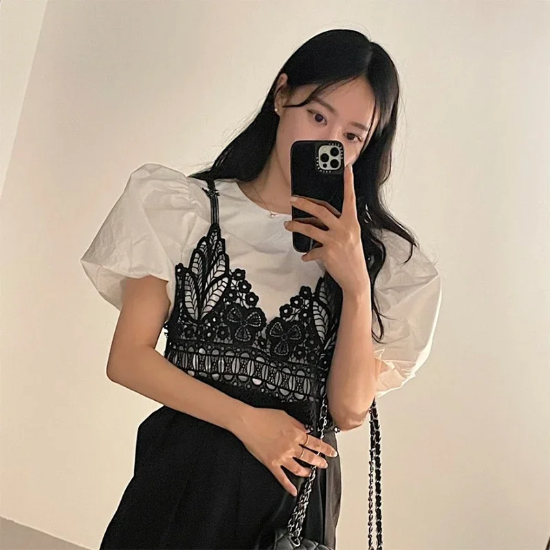 Neploe 2024 Summer Korean Chic Sweet Gentle Design Sense Niche Lace Suspender Vest Temperament Puff Sleeve Shirt Two-Piece Sets