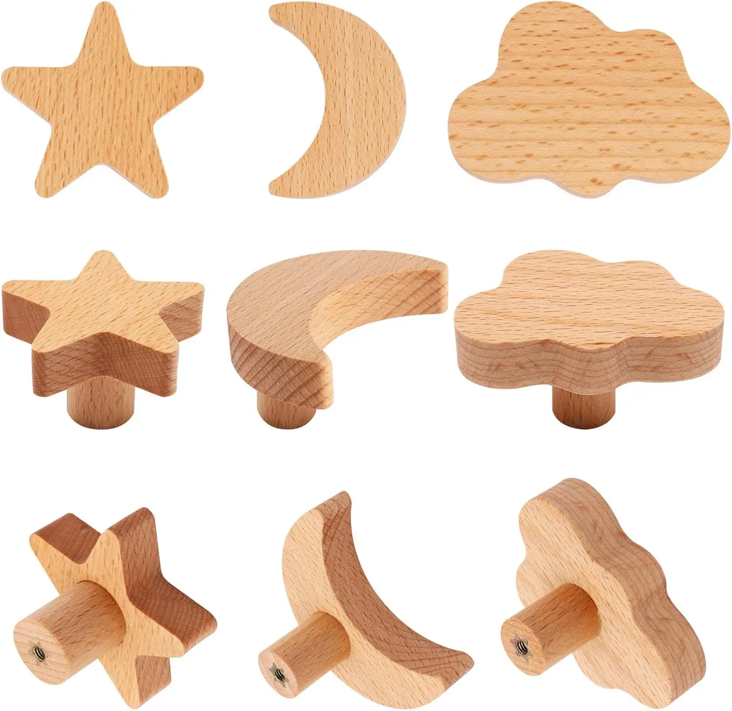 1Pcs Cabinet Knobs Moon Star Cloud Wood Design Drawer Handles for Home Kitchen Bedroom Wardrobe