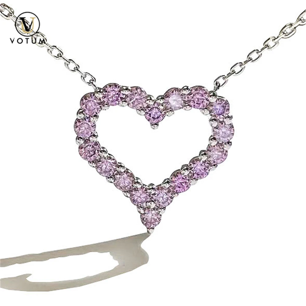 

Votum Fashion Real 925 Silver Heart Pendant Chain Necklace for Women Pink Moissanite Necklaces for Girl Luxury Jewelry Love Gift
