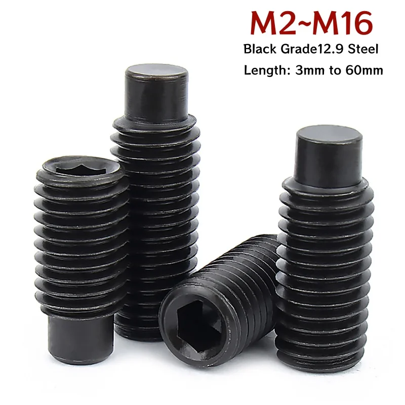 Black  Hexagon Socket Set Screw Dog Point Grub Convex Headless Bolt M2 M2.5 M3 M4 M5 M6 M8 M10 M12 M14 M16 Grade12.9 Steel