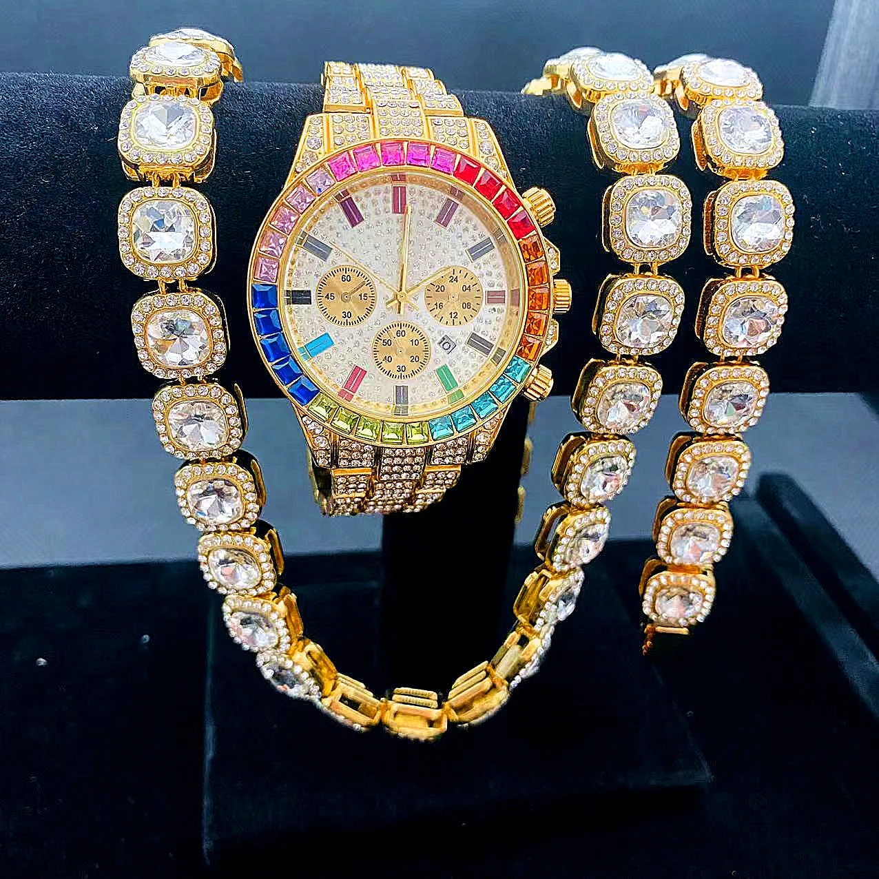 Reloj Iced Out de 3 piezas para hombre y mujer, pulsera y collares de color dorado, conjunto de joyería ostentosa con cadena Cubana