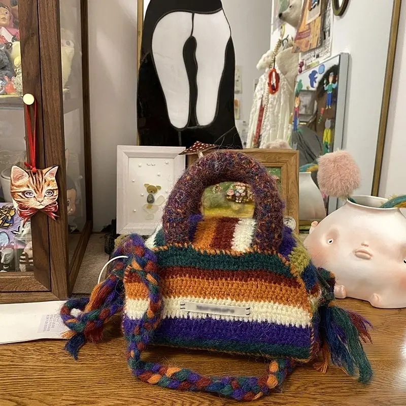 Rainbow Color Knitted Fashion Trendy Women Crossbody Bag Hand-top Ladies Purses Handbags Designer Bag