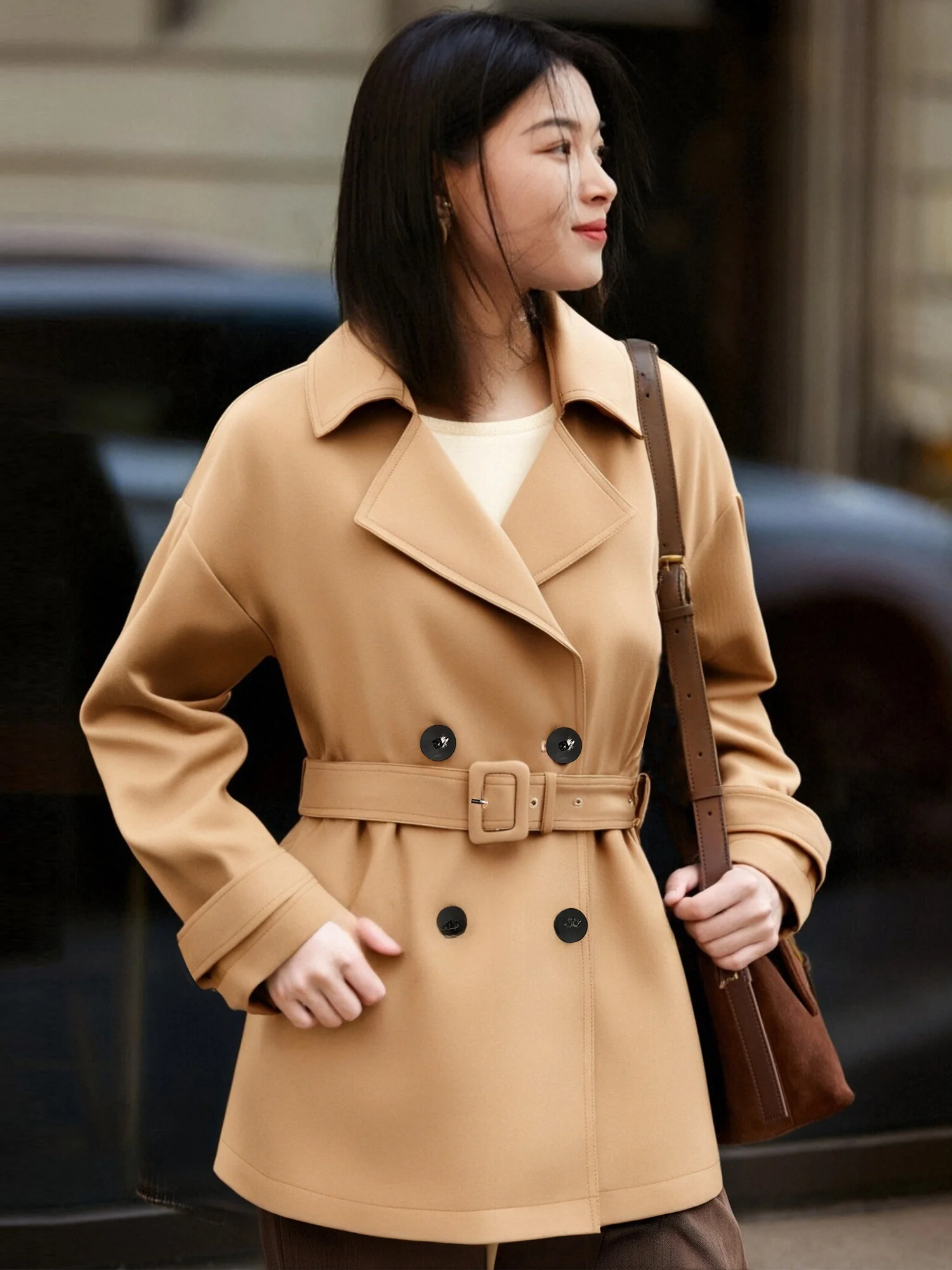 

uangPaiKouSilkWoolPlainWeaveDoubleBreastedDropletSleWomen'sCoatSimpleSleMianMao88%Silk2%SpringAutumnWear