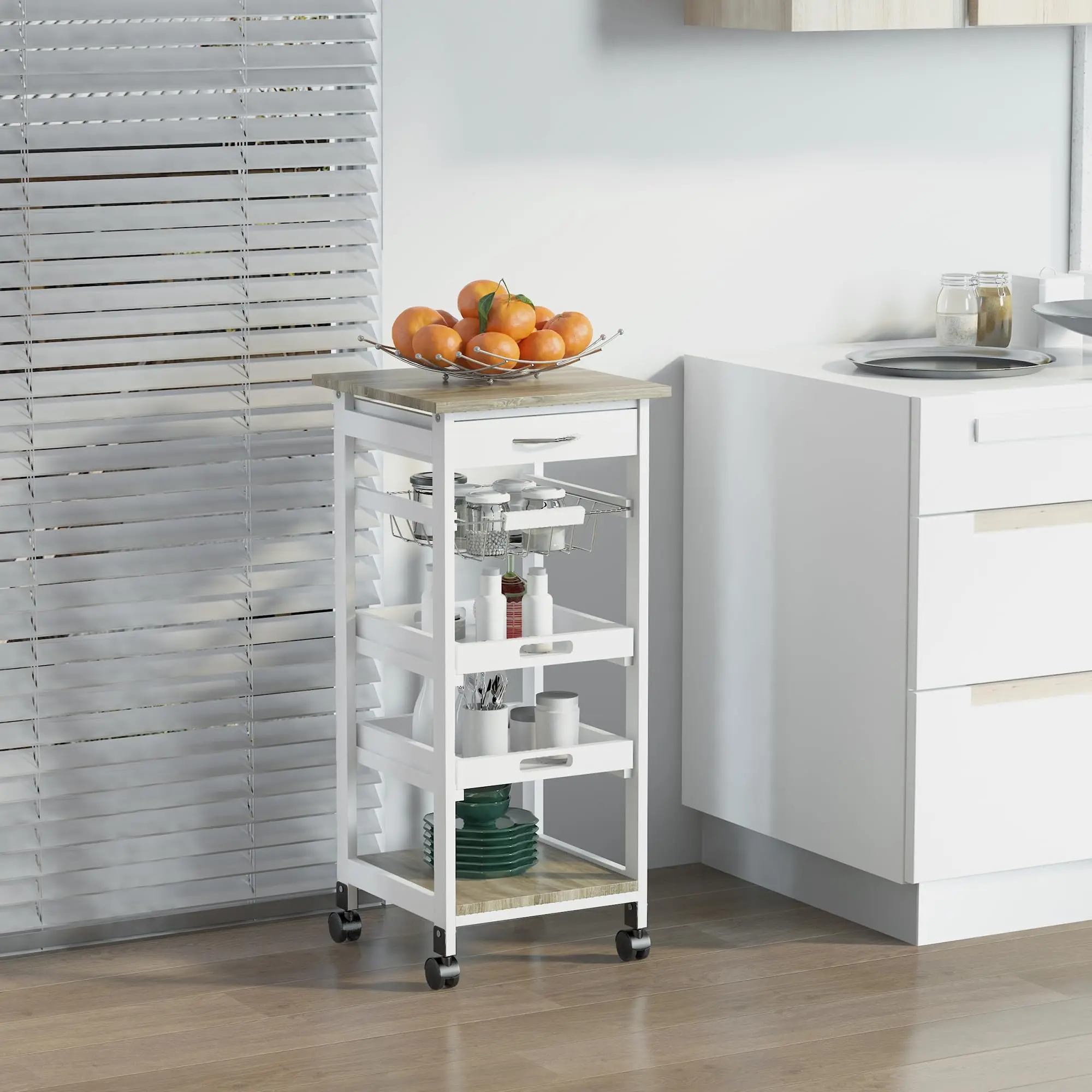 Mobile Kitchen Cart with Storage Solid Wood Fe Utility Cart White