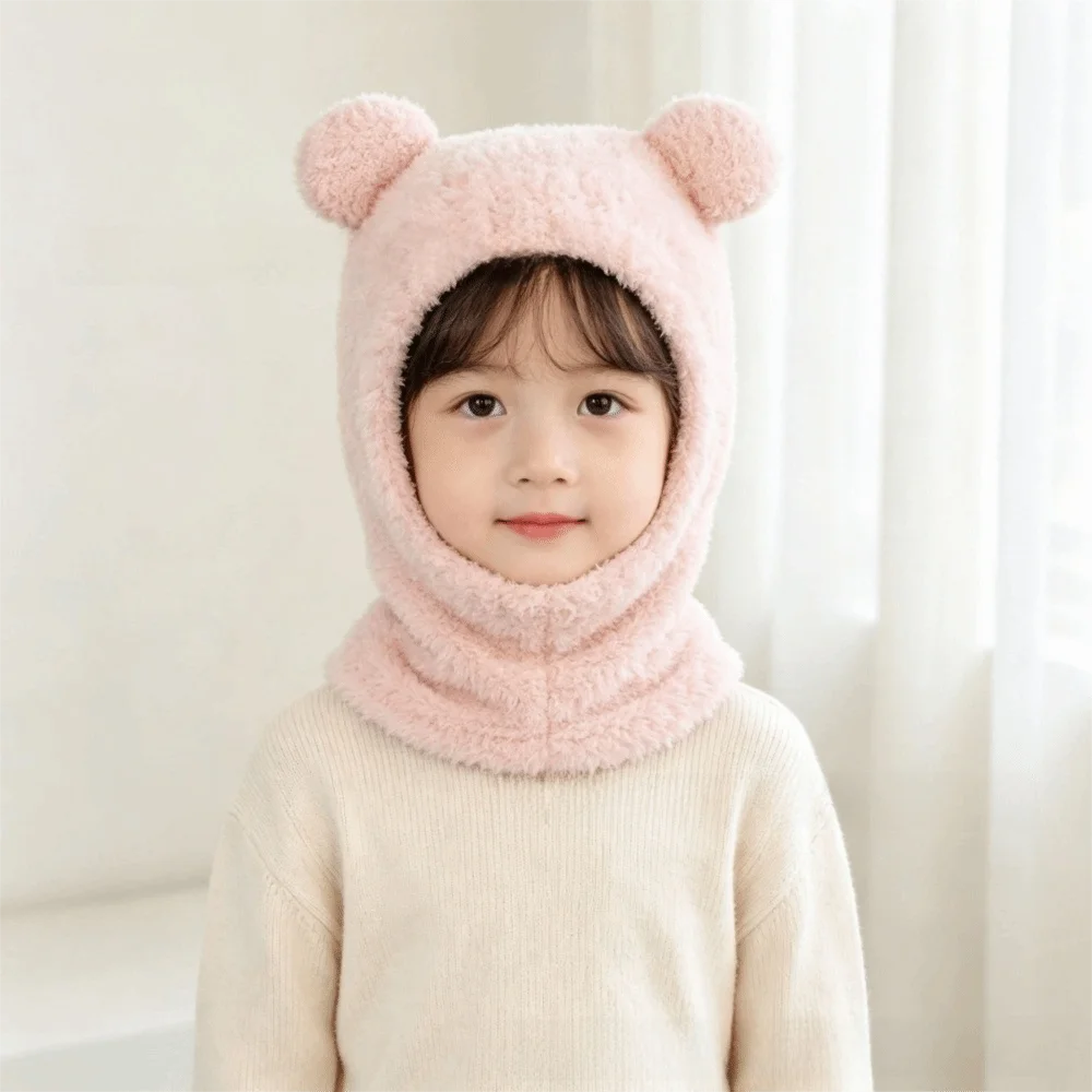 Bear Scarf Mask Integrated Hat Coldproof Warm Lining Children Windproof Hooded Hat Cartoon Ear Protection Balaclava Hat