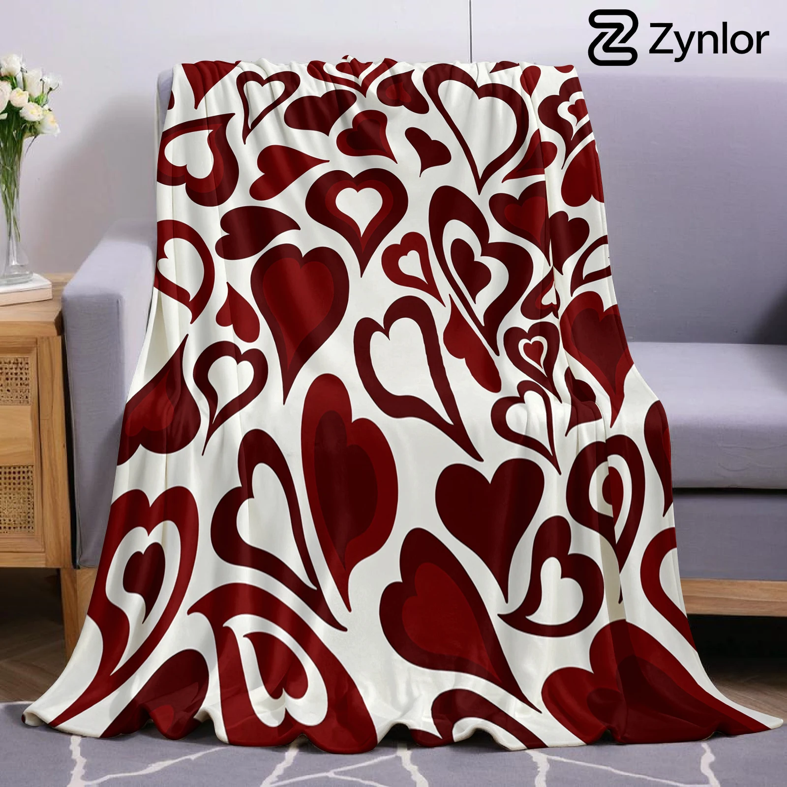 Layered Burgundy Heart Cartoon Anime Print Flannel Blanket Soft Warm Throw for Kids Bedroom Sofa Bed Christmas Office Car