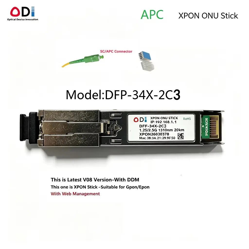 ODI  XPON ONU STICK Module 3V08 With MAC SC 1310nm/1490nm DDM  PPPoE IPoE HGU Pon Module Ont 20KM Modem SC/APC CONNECTOR