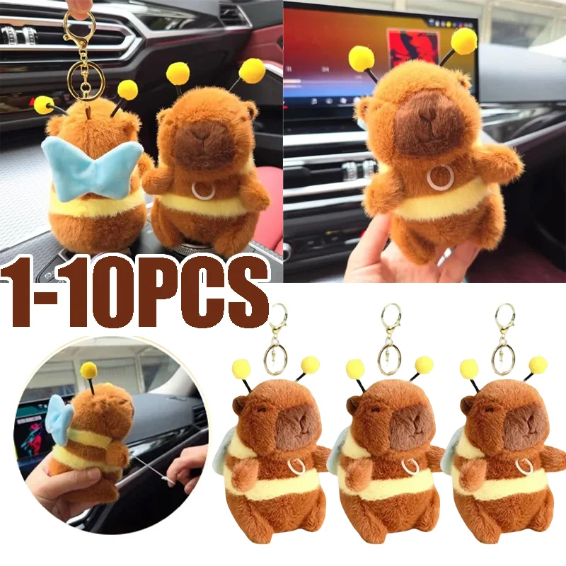 1-10PCS Pull Cord Capybara Bee Portachiavi Marrone Morbida Pelliccia Trasformabile Ciondolo Peluche per Coppie Amanti degli Animali Del Fumetto