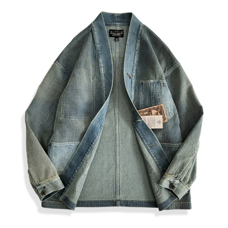 Amekaji Wear Clothes Men Blue Dyed Denim Robe Jacket Cardigan Coat Retro Washed Dyed Distressed