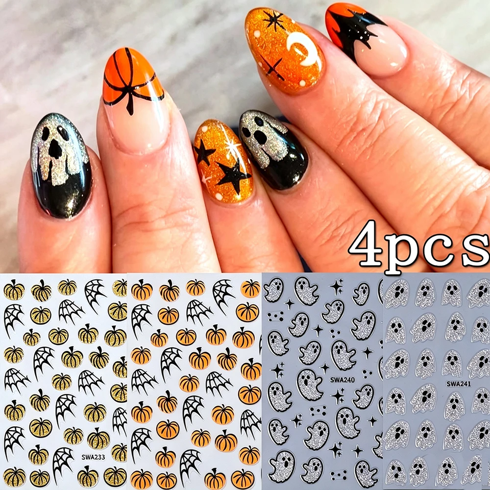 1/4Pcs 5D Embossed Halloween Nail Stickers Sparkly Glitter Pumpkin Spider Web Ghost Self-adhesive Nail Decals Festival Nail Deco