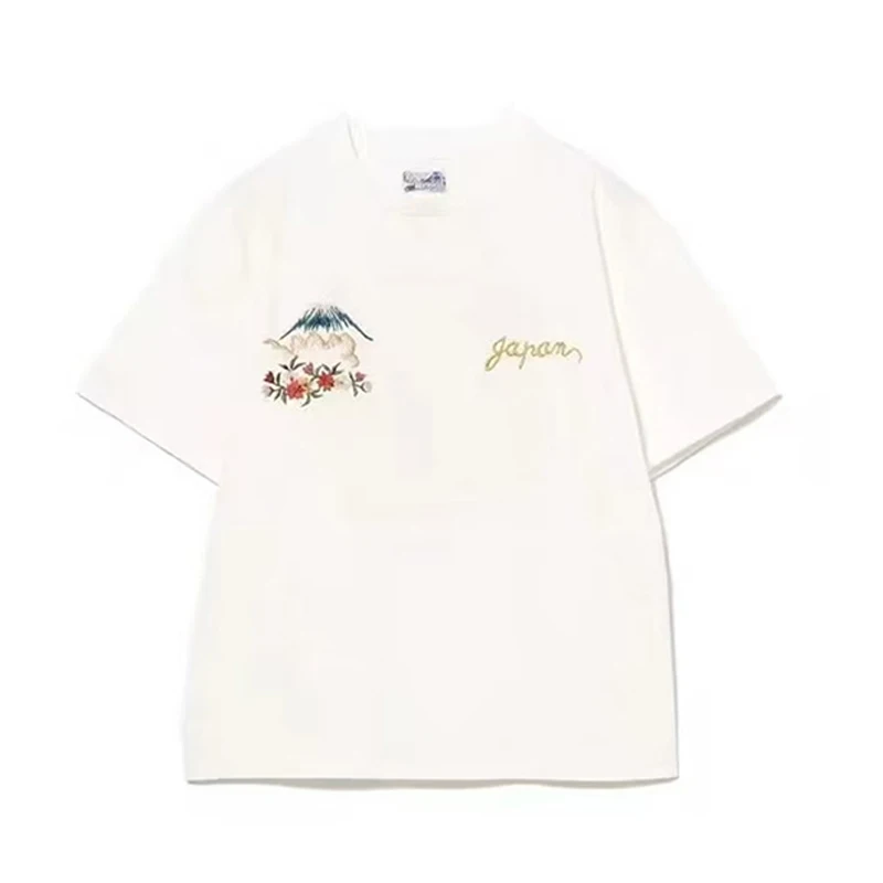 25SS Japanese Retro Summer New Style Cherry Blossom Letter Embroidery Round Neck Casual Short-sleeved