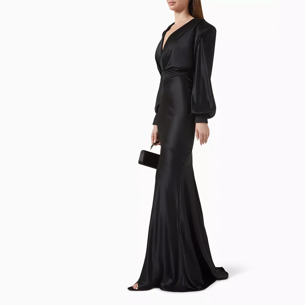 فساتين سهرة بسيطة على شكل حرف v وأكمام طويلة فساتين سهرة حورية البحر 2025 من الساتان بطول الأرض فساتين لحضور الحفلات الموسيقية حسب الطلب