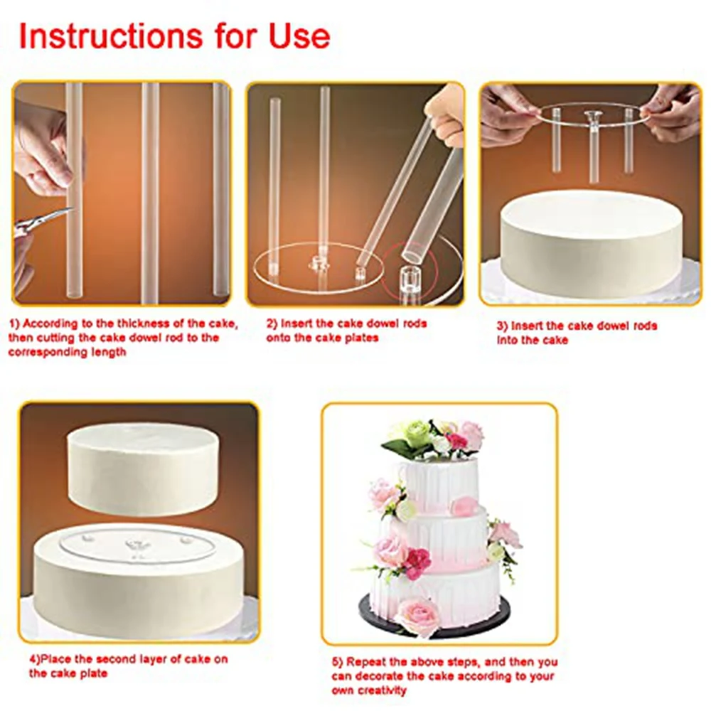 ABJS Cake Plate,5 Cake Stand, Cake Base (9/12/16/20/20 cm) with 15 Dowel Rods, Reusable for Tiered Stacked Cakes, for Wedding