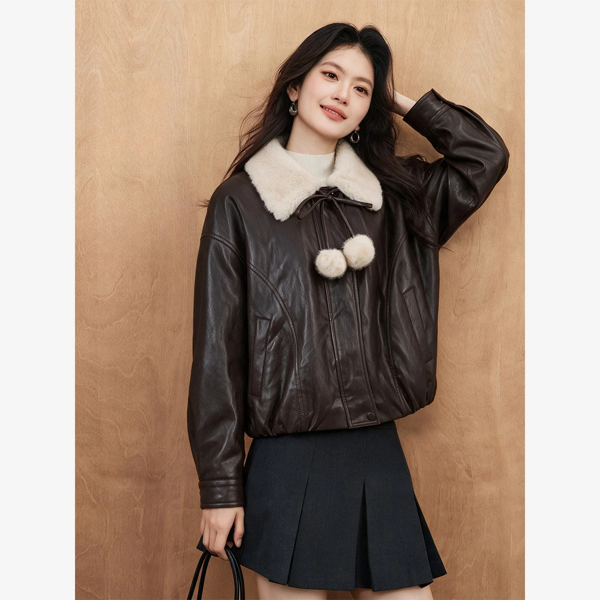 VIMLY Color Block Fleece Collar Coat for Women 2026 Winter New Meladine Coffee Biker Jacket Vintage Elegant Leather Jacket 31927