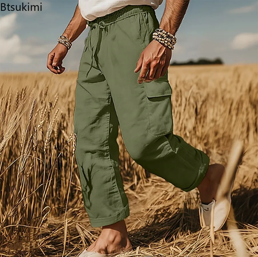 New Men's Cargo Pants Retro Cotton Linen Casual Pants Spring Summer Breathable Thin Loose Beach Pants Men Sport Joggers Trousers