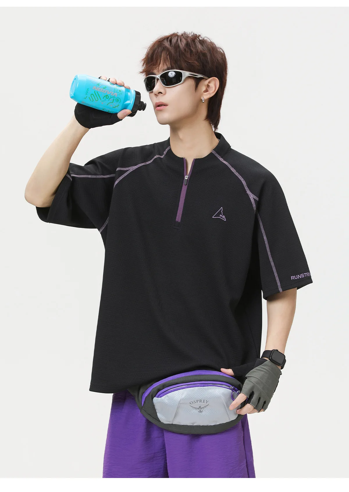 Cool-Feel Breathable Short-Sleeve T-Shirt Men Women Contrast Panel Design with Zipper Detail Outdoor Quick-Dry Sports T-Shirt