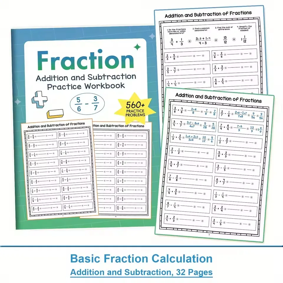 Training on Basic Fraction Addition and Subtraction Practice Problems Guided Step-by-Step, Grades 3-5 Maths Practice Materials