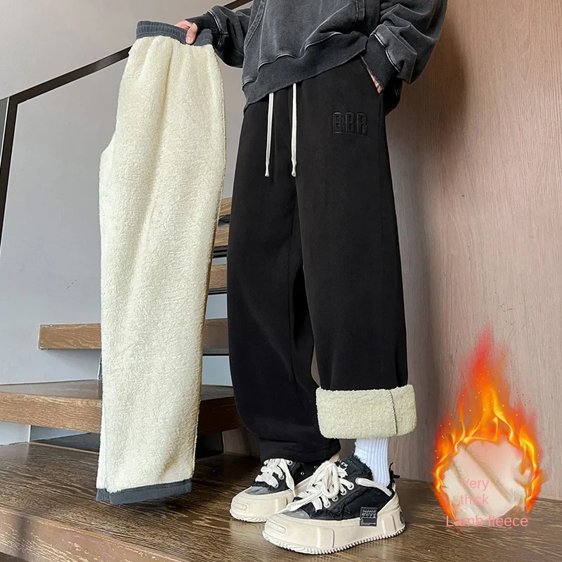 Lamb fleece pants for boys in winter 2025, new style with added fleece and thickened men's casual cotton pants with added fleece