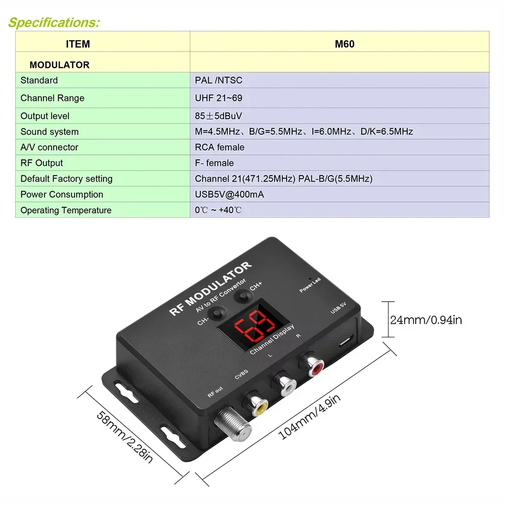 Modulatore Modulatore TV domestico Convertitore AV a RF Gamma di frequenza 471,25 MHz-885,25 MHz Modulatore UHF Configurazione flessibile