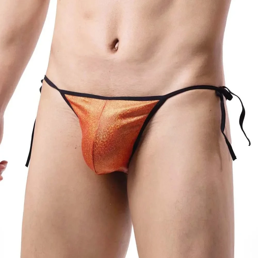 

Мужские трусы с низкой посадкой, бикини, купальники, нижнее белье, трусики с завязками по бокам, трусы с выпуклой сумкой, сексуальное блестящее дышащее нижнее белье на шнуровке