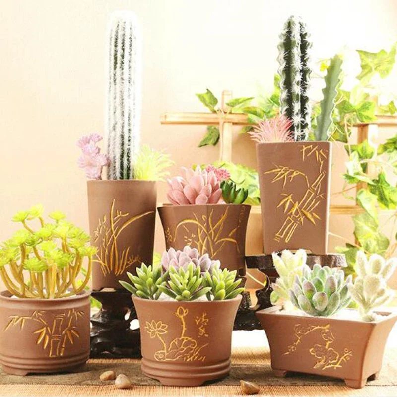Purple Clay Succulent Plant Flowerpot Pure Handmade Ceramic Retro Pot Flower Bamboo Lotus Gold Outline Vase Balcony Home Decor