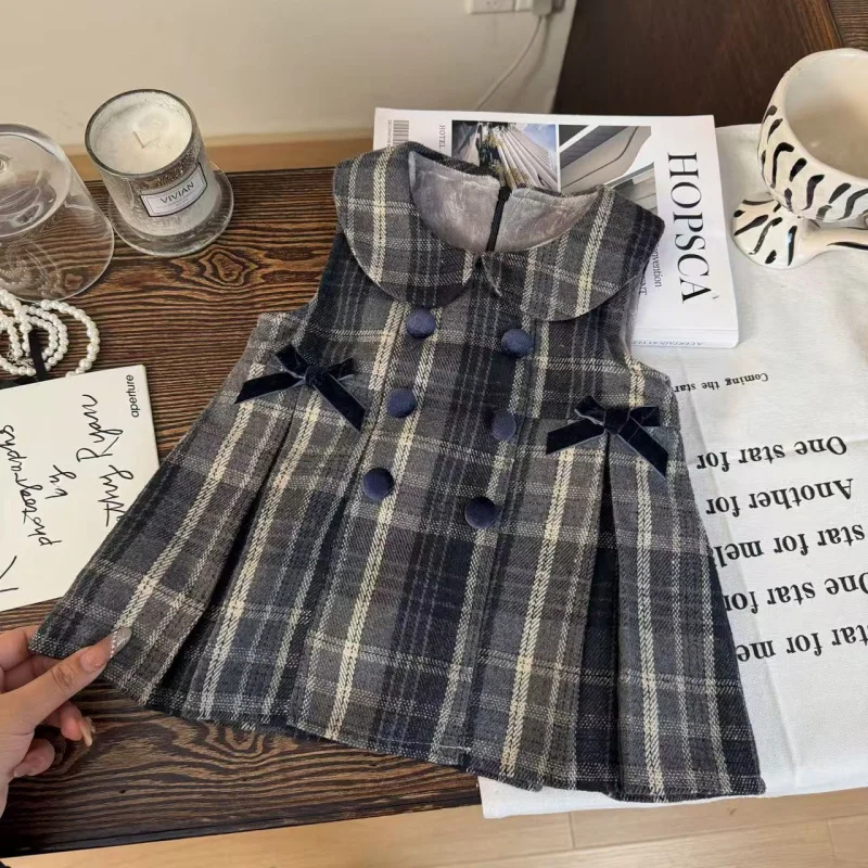 

New Autumn and Winter Children's Clothing: Girls' Vest Dress with Doll Collar, Plaid Bow, and Fleece Lining