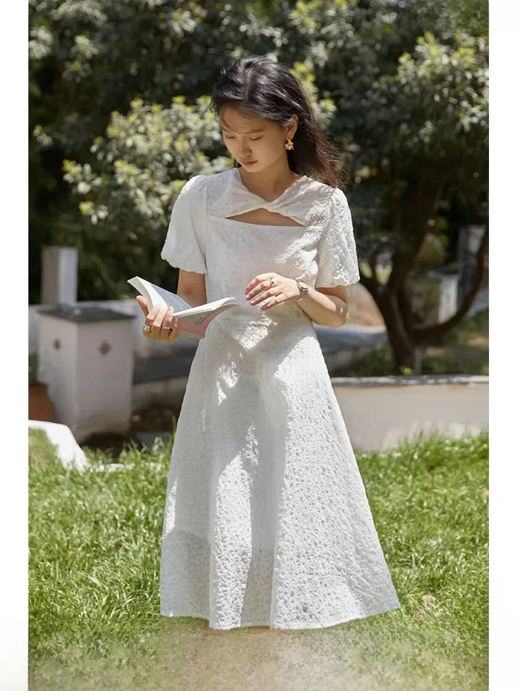 

Summer New Gentle White Dr Self-Charming Women's Faion Texture Bubble Sve Dr High Waist A-Line Cotton Dr