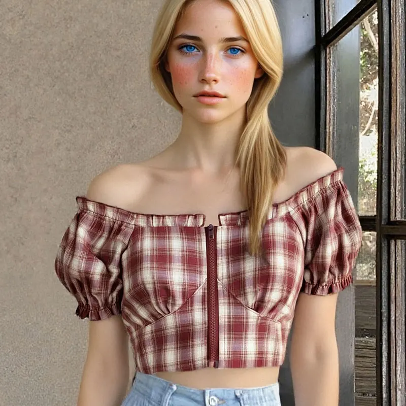 Women Crop Top T-shirt Summer New Streetwear Fashion Zippers Puff Sleeve Tees Elegant Personality Versatile Casual Slim Clothing