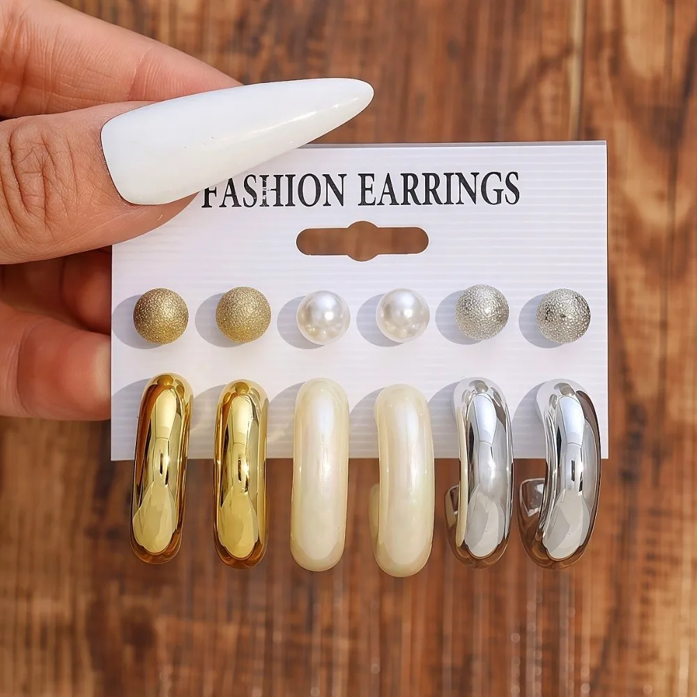6pairs Chunky Water-drop Drop Earrings Matte Finish Luxury Teardrop Hoop Eardrop Glossy Bead Hanging Dangle Earring Wedding